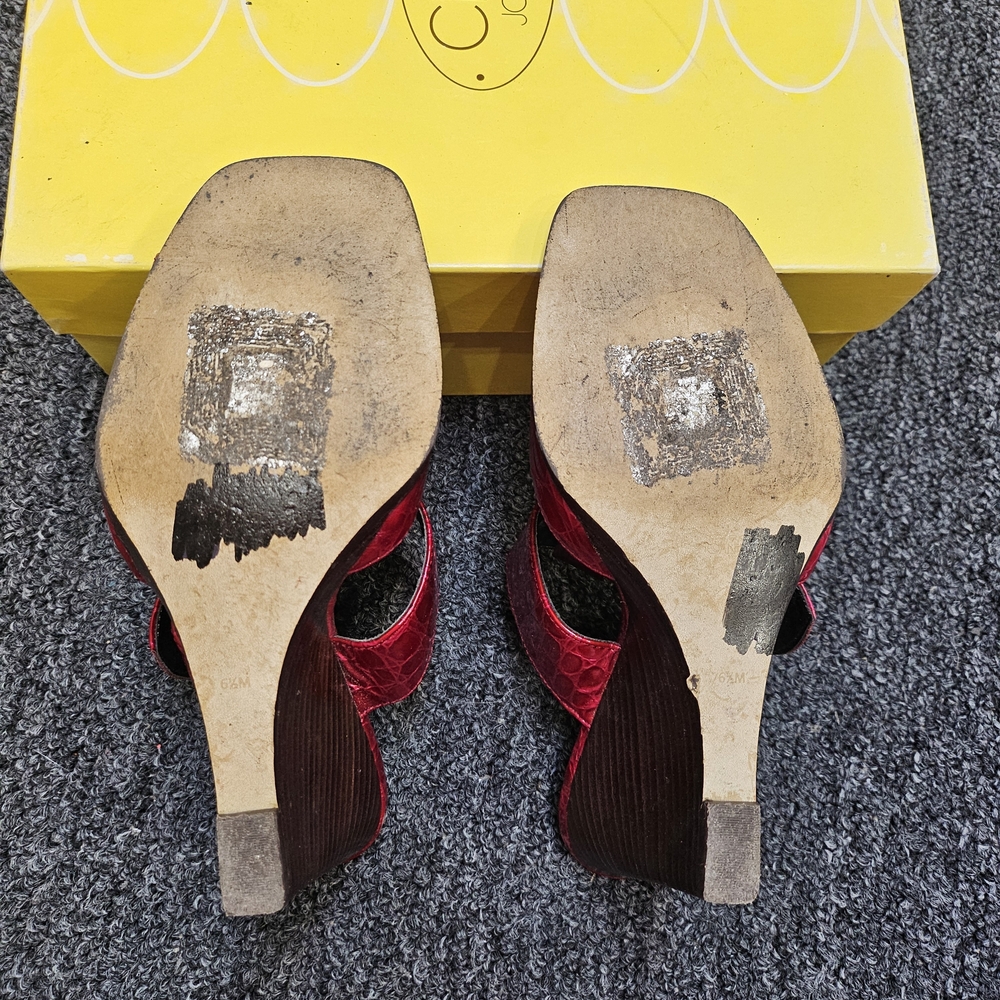 Joan & David Orchid Dark Red Croc Pattern Square Toe Wedge Sandals Size 6.5 - Picture 9 of 11